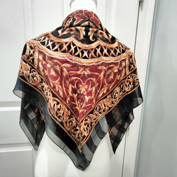 Unbranded Accessories - Sheer Scarf, Gold, Black, Burgundy Medallion Pattern, 34" Square, Polyester, New